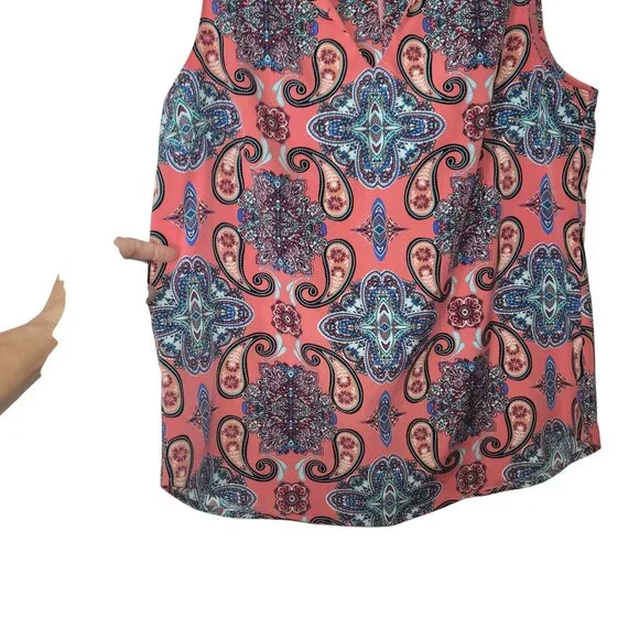 VERSE Sleeveless Coral Paisley Print Blouse With Split Neck Design Size M - Picture 12 of 14